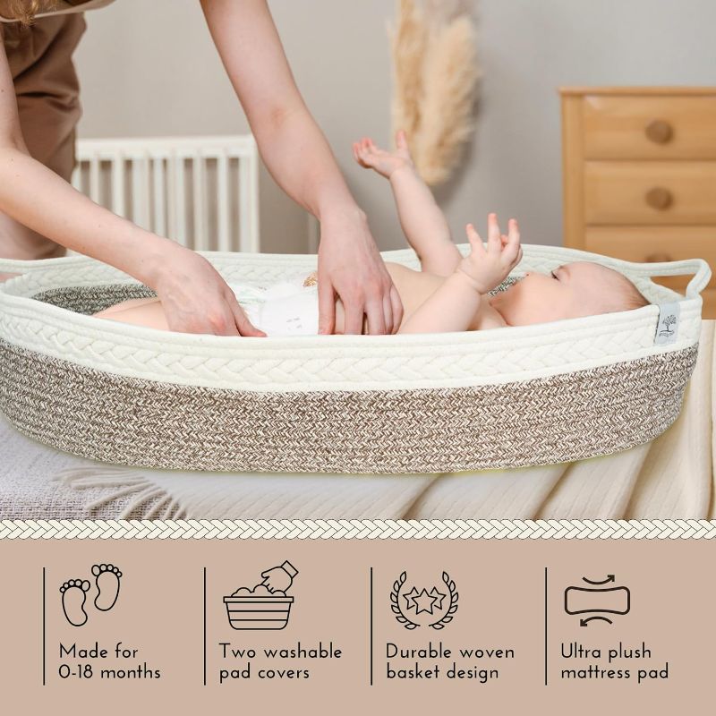 Photo 1 of Baby Changing Basket – Boho Baby Basket for Dresser – Woven Diaper Changing Basket – 2 Water Resistant Pad Covers - Boho Nursery Decor - 100% Cotton Rope - Moses Basket - Portable Changing Station.
