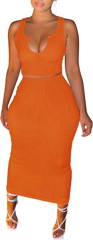 Photo 1 of Women Sexy Two Piece Skirt Outfits Long Sleeve/Sleeveless V Neck Bodycon Ribbed Knitted Maxi Club Party Dress-MED