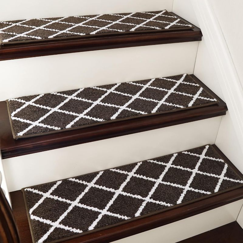 Photo 1 of COSY HOMEER Edging Stair Treads Non-Slip Carpet Mat 28inX9in Indoor Stair Runners for Wooden Steps, Stair Rugs for Kids and Dogs, 100% Polyester TPE Backing 4pcs,Brown
