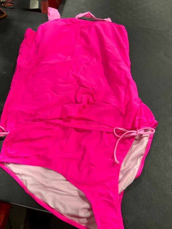 Photo 1 of ***PINK,2XL***Aleumdr Womens Retro Ruched Two Piece Strappy Tummy Control Swimwear Tie Side Tankini Bathing Suit Set 