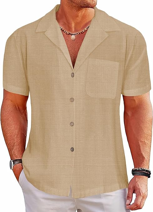 Photo 1 of Men's Cotton Linen Short Sleeve Button Down Shirts Casual Summer Top Vacation Hawaiian Beach Outfits xxl