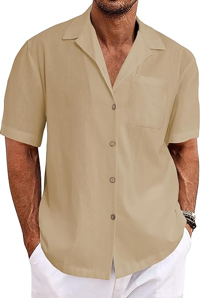 Photo 1 of Men's Cotton Linen Short Sleeve Button Down Shirts Casual Summer Top Vacation Hawaiian Beach Outfits M