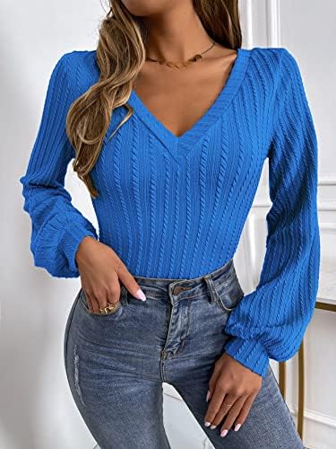 Photo 1 of FLSETY Women’s Lantern Long Sleeve V Neck Blouse Top Base Solid Tee Shirt S