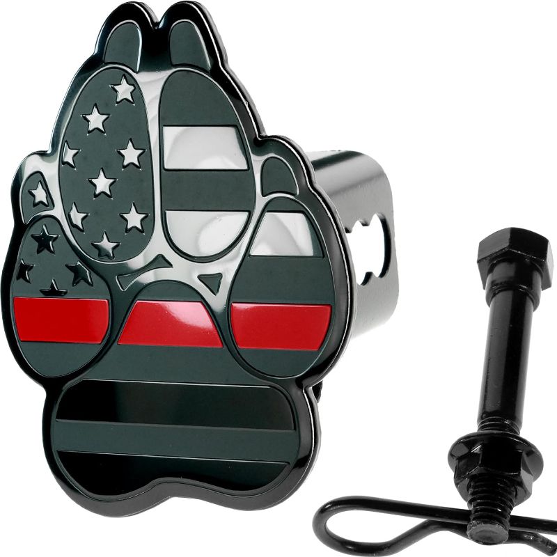 Photo 1 of K9 Dog Paw Print Black Flag Metal Hitch Cover with Anti-Rattle Pin Bolt (Fit 2" receivers, Black with Red Line)
