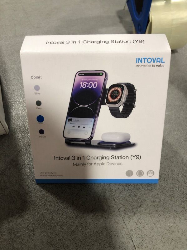 Photo 2 of Intoval Charging Station for Apple iPhone/Watch/Airpods, 3 in 1 Wireless Charger for iPhone 14/13/12/11/XS/XR/XS/X/8, iWatch 8/Ultra/7/6/SE/5/4/3/2, Airpods Pro2/Pro1/3/2/1 (Y9,Blue)