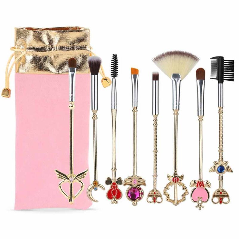 Photo 1 of 8pcs Sailor Moon Makeup Brush Set With Pouch, Magical Girl Gold Cardcaptor Sakura Cosmetic Brushes With Cute Pink Bag
