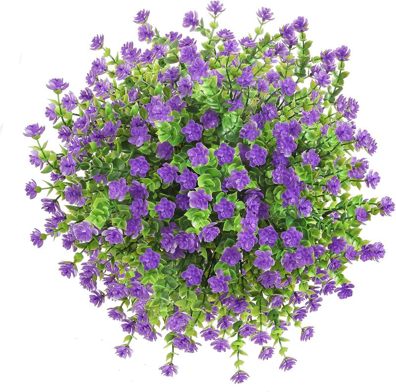 Photo 1 of 24 Bundles Artificial Flowers for Outdoors UV Resistant Boxwood Plants, Faux Greenery Bushes Shrubs No Fade Plastic Flowers for Outside Hanging Plants Garden Porch Window Box Wedding Décor (Purple) 