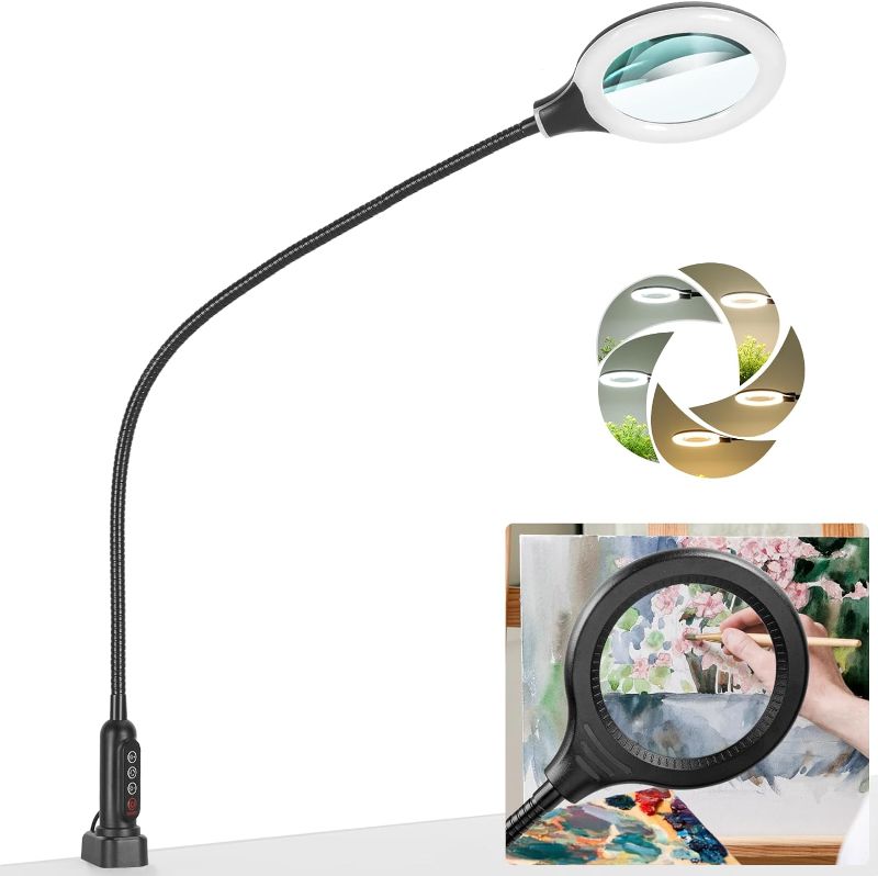 Photo 1 of 10X Magnifying Glass with Light and Clamp, Jeedefi 26" Gooseneck LED Desk Lamp, 5 Color Modes Stepless Dimmable, Real Glass Lighted Magnifier Hands Free for Close Work Painting Craft Hobby Repair