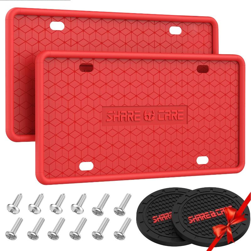 Photo 1 of QiqaMole 2 Pack Silicone License Plate Frame, Front Back License Plate Cover, License Plate Bracket Holder Rust-Proof, Rattle-Proof, Weather-Proof for US CA Standard Car & 2Pcs Water Coaster (Red) 