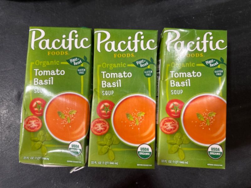 Photo 1 of Pacific Foods Organic Vegan Creamy Tomato Basil Soup, 32oz, Brand is Pacific Foods, Variation Theme is Flavor that is Tomato Basil, Size that is 32 Fl Oz (Pack of 3) BB JUL 3 2024