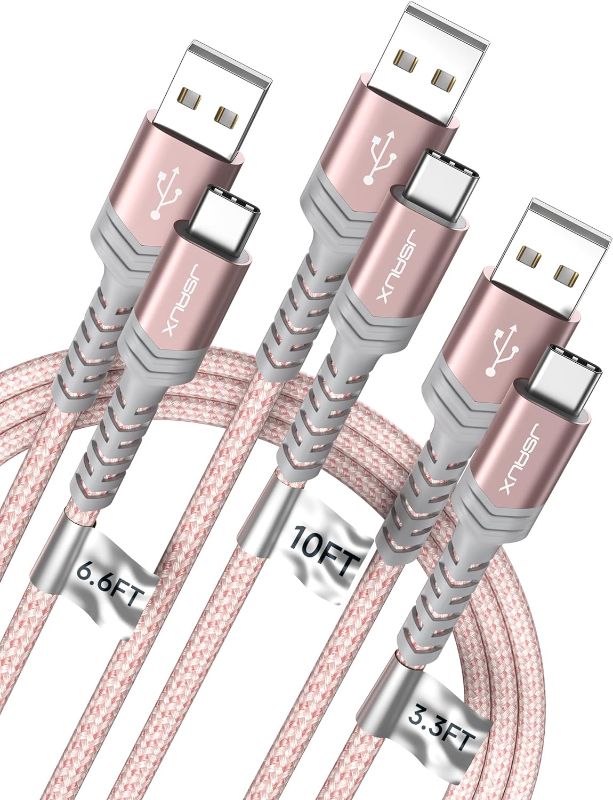 Photo 1 of JSAUX USB-C Cable 3.1A Fast Charging, 3-Pack (10ft+6.6ft+3.3ft) USB A to Type C Charge Cord Compatible with Samsung Galaxy S21 S20 S10 S9 S8 Note 20 10, iPhone 15/15 Pro Max, PS5, USB C Charger(Pink) 3.3ft+6.6ft+10ft Rose Gold