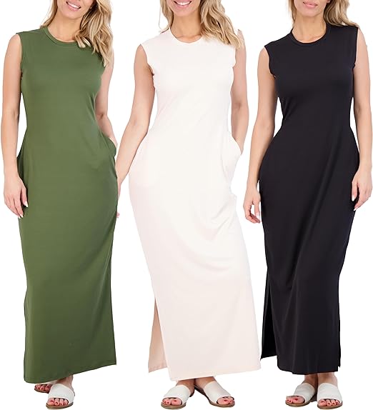 Photo 1 of [Size XL] Real Essentials 3 Pack: Women's Long Tank Maxi T-Shirt Summer Casual Dress with Pockets 