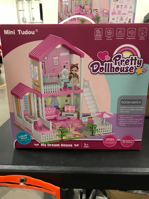 Photo 2 of Doll House Dollhouse for Girls,STEM Dollhouse DIY Building Toys with Play Mat,Lights,Furniture,Accessories,Doll,Pets,Best Pretend Play House Gift for 3 4 5 6 7 Year Old Kids Girls (3 Rooms Playhouse) 3rooms dollhouse