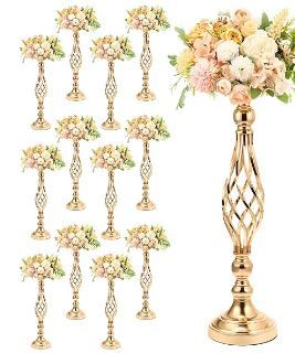 Photo 1 of 12 PCS Metal Flower Arrangement Stand Wedding Flower Centerpieces Stand 20 Inch Tall Elegant Metal Flower Vase Gold Candelabra Candle Holder for Wedding Reception Table Decor Party Hotel Home Decor 