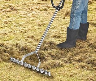 Photo 1 of DACK 64" Thatch Rake, Stainless Steel Dethatcher Lawn Rake with Back-Saving Handle, Thatching Rake Curved Steel Tines for Cleaning Dead Grass, Fertilizing Reseeding Cultivator on Small Yard Garden