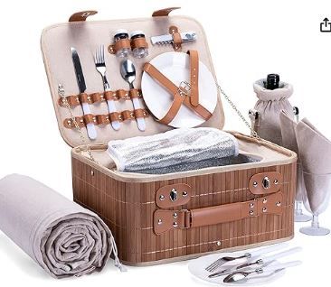 Photo 1 of Picnic Basket Set for 2 with Waterproof Blanket Insulated Wine Pouch Hamper with Cutlery for Two Persons, Family,Couple,Camping,Outdoor,Valentine Day,Wedding Gift, Birthday
