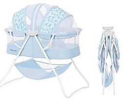 Photo 1 of Dream On Me Karley Bassinet in Light Blue, Lightweight Portable Baby Bassinet, Quick Fold and Easy to Carry, Adjustable Double Canopy, Indoor and Outdoor Bassinet with Large Storage Basket. 