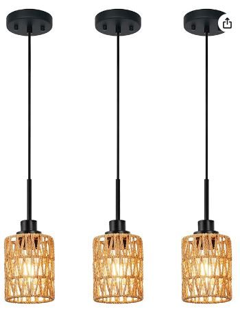 Photo 1 of MELUCEE Rattan Kitchen Island Pendant Lighting Black 3 Pack Boho Style Rattan Light Fixtures Ceiling Hanging with Hand Woven Rattan Lamp Shade for Bar Dining Room Corridor