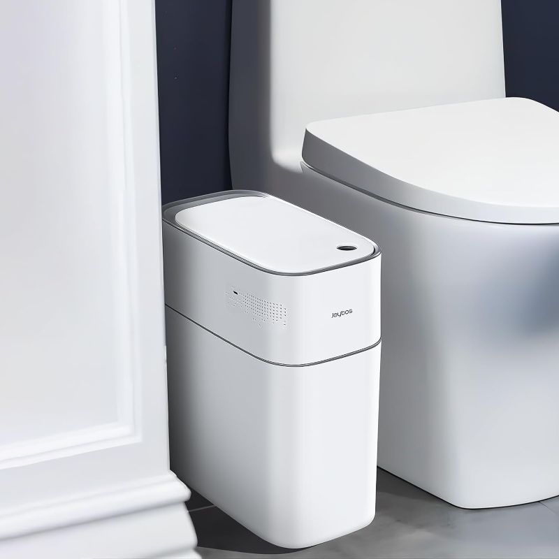 Photo 1 of JOYBOS Trash Can with Lid Automatic Garbage Can, 3.8 Gallon Slim Small White Plastic Smart Trash Bin, Narrow Motion Sensor for Bedroom, Bathroom, Toilet Office
