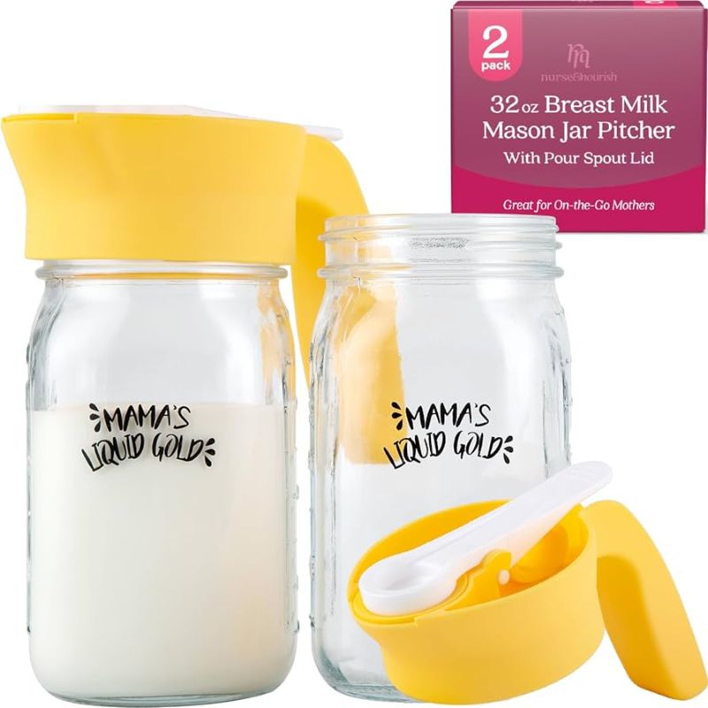 Photo 1 of [2 Pack] 32oz Breastmilk Pitcher w/Pour Spout Handle - Breast Milk Mason Jar Pitcher - Glass Pitcher for Breastmilk - Glass Breastmilk Storage Pitcher - Breast Milk Pitcher for Fridge