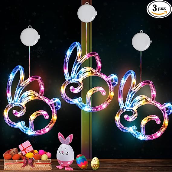 Photo 1 of (New) Easter Decoration Lights, Easter Hanging Lights, Easter Bunny Lights with Timer & Suction Cup, Multicolored Easter Window Silhouette Lights for Indoor, Home, Party Decoration - 3 Pack
