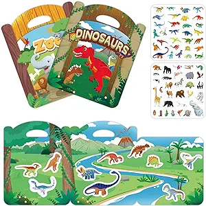 Photo 1 of Portable Jelly Stickers for Kids, Reusable Sticker Book for Toddlers, Quiet Busy Book, Preschool Learning Activities Travel Toys Girls Boys Birthday Gift, Dinosaur Stickers and Animal Stickers