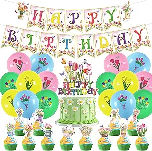 Photo 1 of Spring Butterfly Birthday Party Decorations Floral Birthday Party Supply Include Spring Floral Banner Floral Balloons for Baby Shower Girl Birthday Supplies 