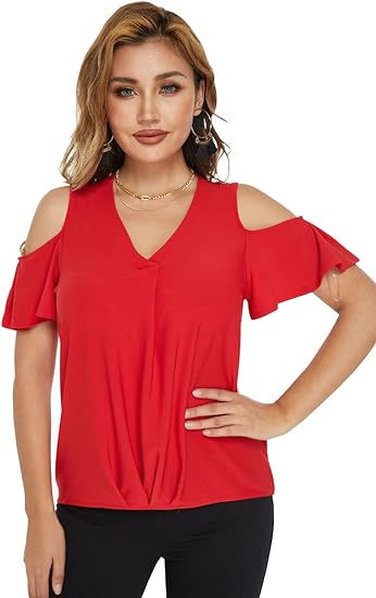 Photo 1 of Summer Open Shoulder Tops for Women-V Neckline Fitted Cold Shoulder Tops, Stretchy Casual Tops for Women /XL 