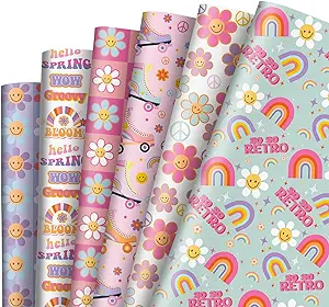 Photo 1 of AnyDesign 12 Sheet Preppy Wrapping Paper Pink Blue Purple Gift Wrap Paper Bulk Rainbow Daisy Daily Decorative Craft Art Paper for Birthday Wedding Baby Shower DIY Craft Gift Wrapping Supplies