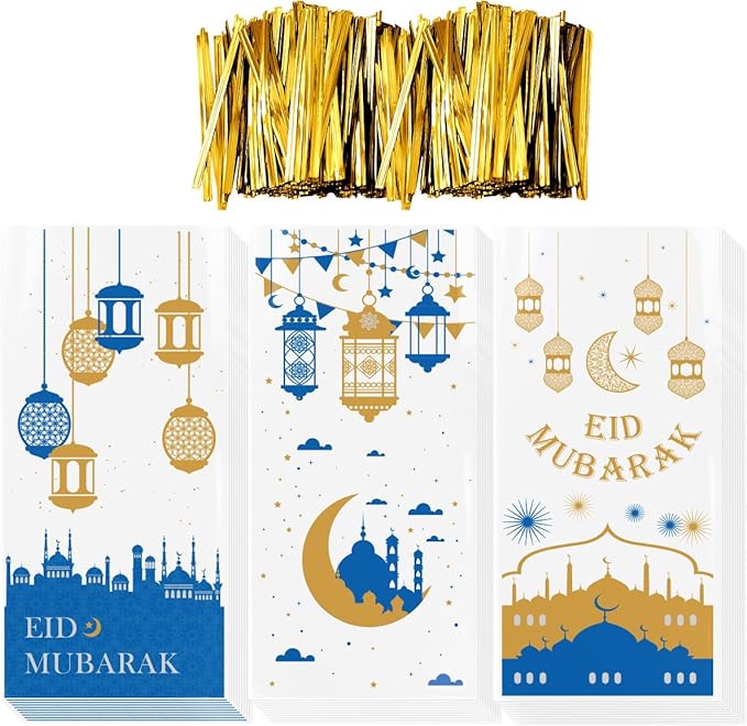 Photo 1 of Aviski 450PCS Eid Mubarak Party Treat Bags, Ramadan Theme Printed Pattern Gift Bags Cellophane Clear Plastic Goodie Favor Bags with Silver Twist Ties for Eid Mubarak Party, 10.6 × 5.1inch 