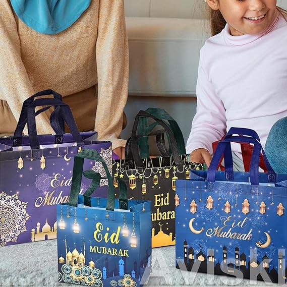 Photo 1 of Aviski Tote Bag, Reusable Islamic Pattern Gift Bag with Handles, Assorted Sizes, Eid Mubarak Party Supplies, Muslin Themed, Non-Woven, Unisex, 16 PCS 