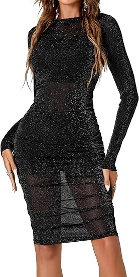 Photo 1 of Aossfre Women's 3 Pcs Glitter Mesh Dress Long Sleeve Bodycon Outfits with Cami Shorts /L