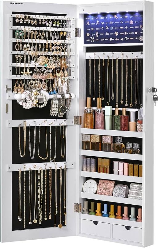 Photo 1 of SONGMICS Hanging Jewelry Cabinet, Wall-Mounted Cabinet with LED Interior Lights, Door-Mounted Jewelry Organizer, Full-Length Mirror, Gift Idea, White UJJC99WT