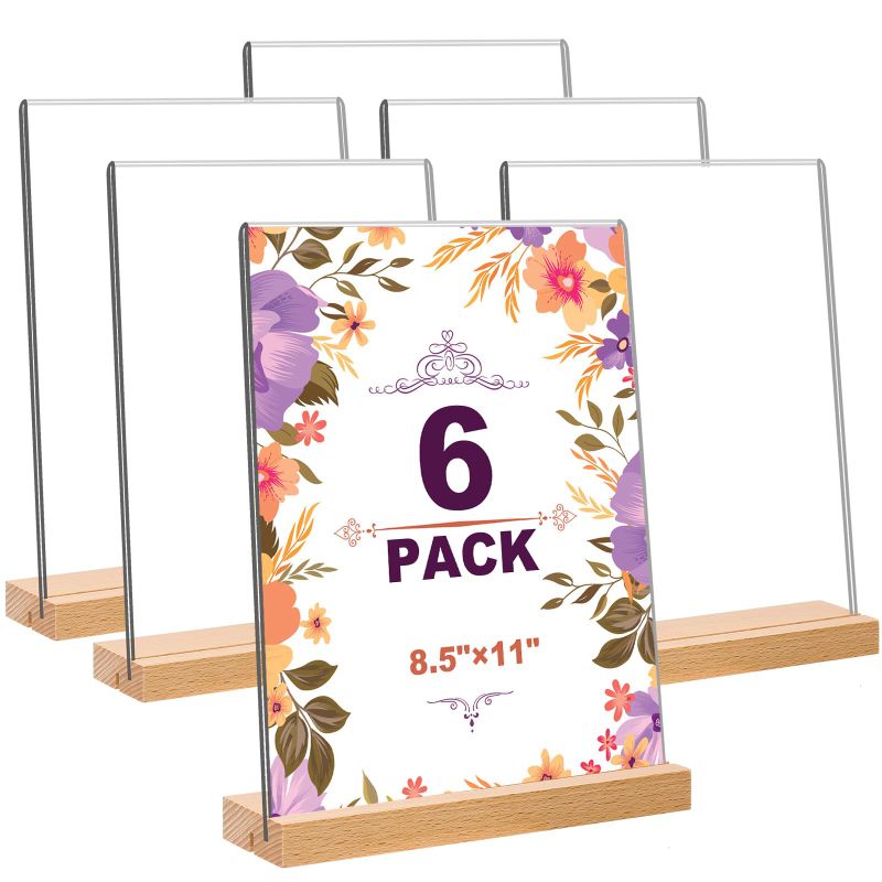 Photo 1 of Daofary 6 Pack Acrylic Sign Holder 8.5 x 11 in, L/T Shape Clear Acrylic Frames Wood Base, Plastic Sign Holder Standing - Table Menu Display Stand for Restaurant