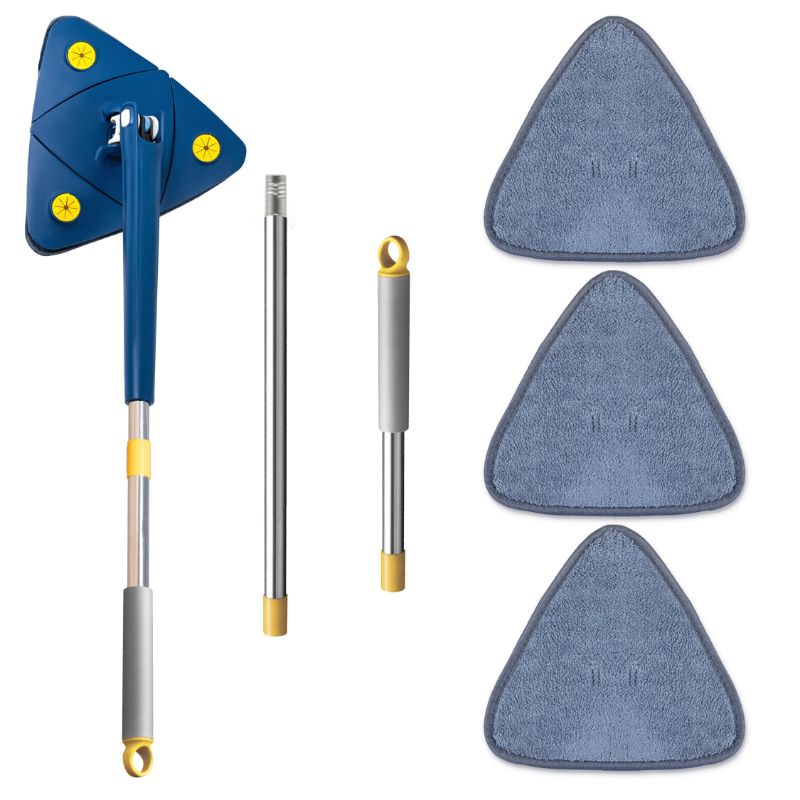 Photo 1 of Triangle Mop with Adjustable 52" Long Handle - 360° Rotatable Multi-Purpose Cleaning Mop & Wall Cleaner Mop, Ideal for Walls, Ceilings, Floors, and Baseboards, Includes 4 Microfiber Pads - Blue