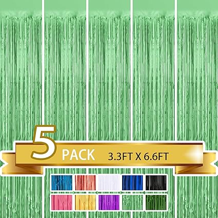 Photo 1 of 5 Pack Light Green Metallic Tinsel Foil Fringe Curtains Party Photo Backdrop Party Streamers for Birthday,Graduation,New Year Eve Decorations Wedding Decor
