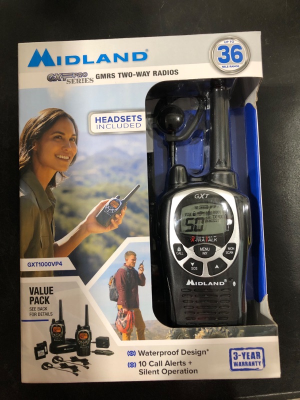 Photo 1 of Midland GXT1000VP4 - 50 Channel GMRS Two-Way Radio - Long Range Walkie Talkie with 142 Privacy Codes, SOS Siren, and NOAA Weather Alerts and Weather Scan (Black/Silver, Pair Pack) Pair Pack - Black/Silver
