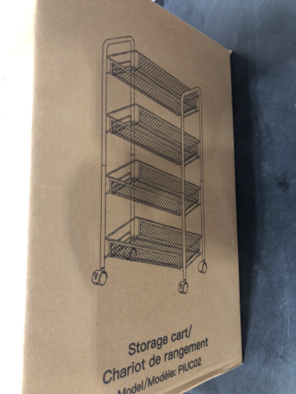 Photo 1 of 4 Tier All-Metal Rolling Utility Cart with Locking Wheels,Easy-Carry and Assembly Mesh Trolley Cart with 2 Small Baskets and 4 Hooks for Bathroom Kitchen Office Balcony,Slide-Out Narrow Shelf 4-Tie