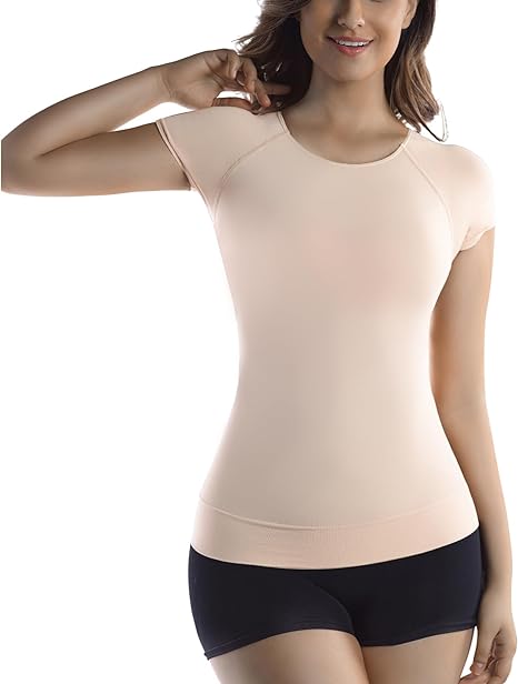 Photo 1 of [Size M] +MD Womens Undershirt Short Sleeve, Compression T-Shirt Tank Tops, Tummy Control Scoop Neck Basic Tee Camisole Seamless 