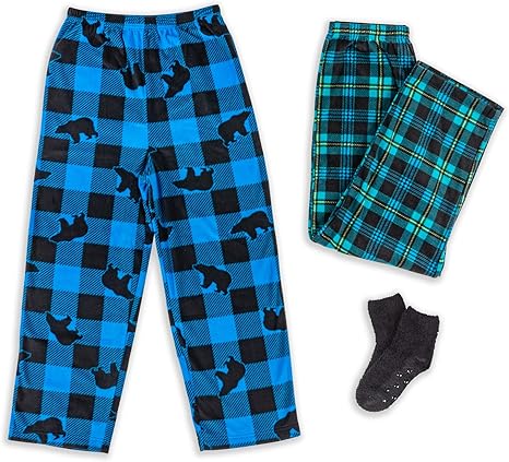 Photo 1 of [Size 6-8] Mad Dog Concepts 2-Pack Boys Pajama Pants - Soft Fleece PJ Bottoms for Kids - Plaid Lounge Pants with Slipper Socks 