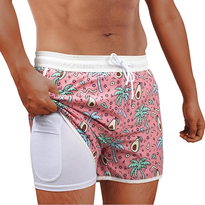 Photo 1 of BRISIRA Mens Short Swim Trunks with Compression Liner Retro Vintage 8090s Bathing Suit Swim Board Shorts Swimwear Quick Dry 34