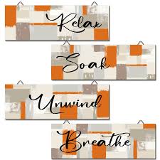 Photo 1 of 4 Pcs Orange Bathroom Wall Farmhouse Wall Decor Rustic Bathroom Pictures Wall Relax Soak Unwind Breathe Laundry Room Home Decorations Country(Abstract)