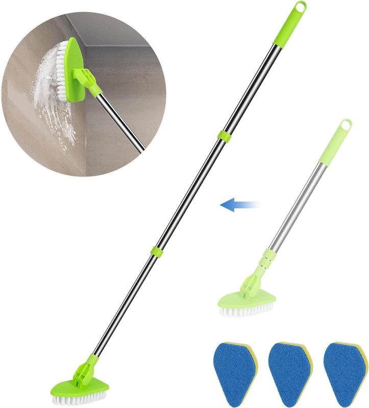 Photo 1 of 2 in 1 Scrub Cleaning Brush with 37” Long Extendable Handle,1 Stiff Bristle and 3 Sponge Brushes, Lightweigh Detachable Shower Scrubber for Cleaning Bathroom Shower Bathtub Glass Tile Floor