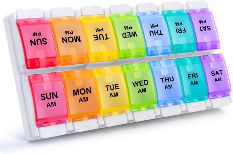 Photo 1 of AM PM Weekly 7 Day Pill Organizer 2 Times A Day, Large Daily Pill Box with Easy Push Button Design, Detachable Pill Case for Medicine/Vitamin/Fish Oil/Supplements (Rainbow)