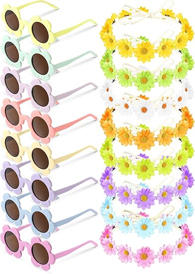 Photo 1 of 16 Pcs Adults Flower Sunglasses Daisy Flower Headbands Set, Round Flower Glasses Sunflower Hair Wreath Flower Crown