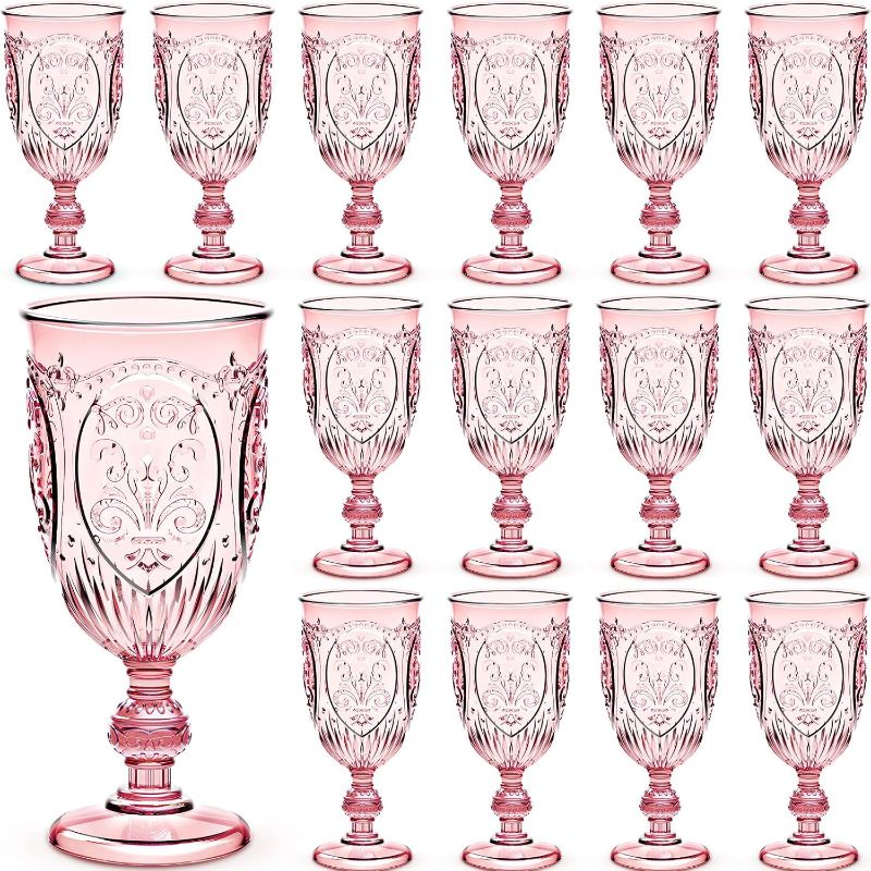 Photo 1 of 24 Pcs Plastic Goblets 7.5oz Vintage Goblet Plastic Wine Glasses Colored Retro Embossed Water Goblets for Wine Bar Juice Baby Shower Wedding Reception Grand Event Party (Pink)
