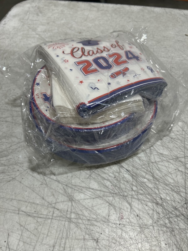 Photo 1 of Graduation Party Supplies Kit Serves 50 - Graduation Party Red and Blue Class of 2024 Tableware Disposable Dinner Plates Dessert Plates and Napkins for Congrats Grad Party Decorations