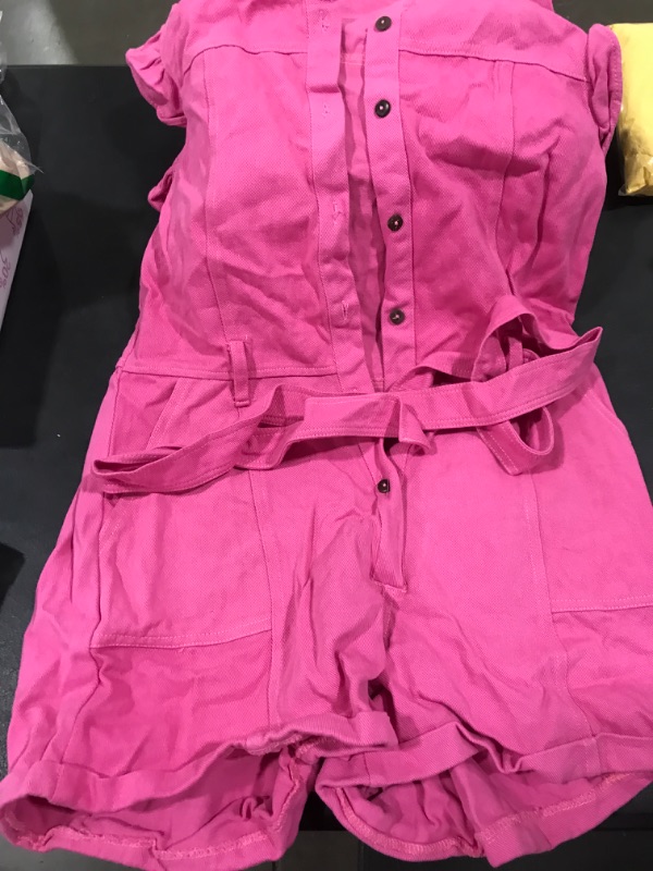 Photo 2 of [Size L] XAPSEE Women's Jean Dressy Rompers Summer Ruffle Cap Sleeve Button Up Belted Denim Jumpsuits Shorts with Pockets -Hot Pink