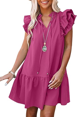 Photo 1 of [Size M] Dokotoo Womens 2024 Summer V-Neck Drawstring Ruffle Cap Short Sleeve Side Pockets Mini Dress Sundress
