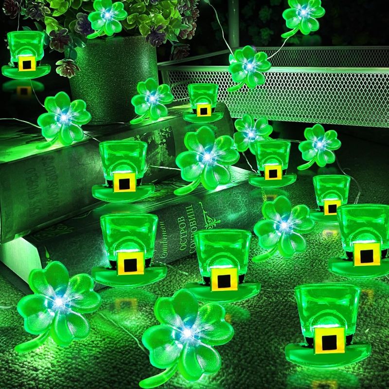 Photo 1 of [2 Pack & Timer]St Patricks Day Decorations,Total 20Ft 80LED Green Shamrocks Leprechaun Hat String Lights Waterproof Lucky Clover Fairy Lights Battery Power Irish St.Patricks Day Decor (Hat Shamrocks)